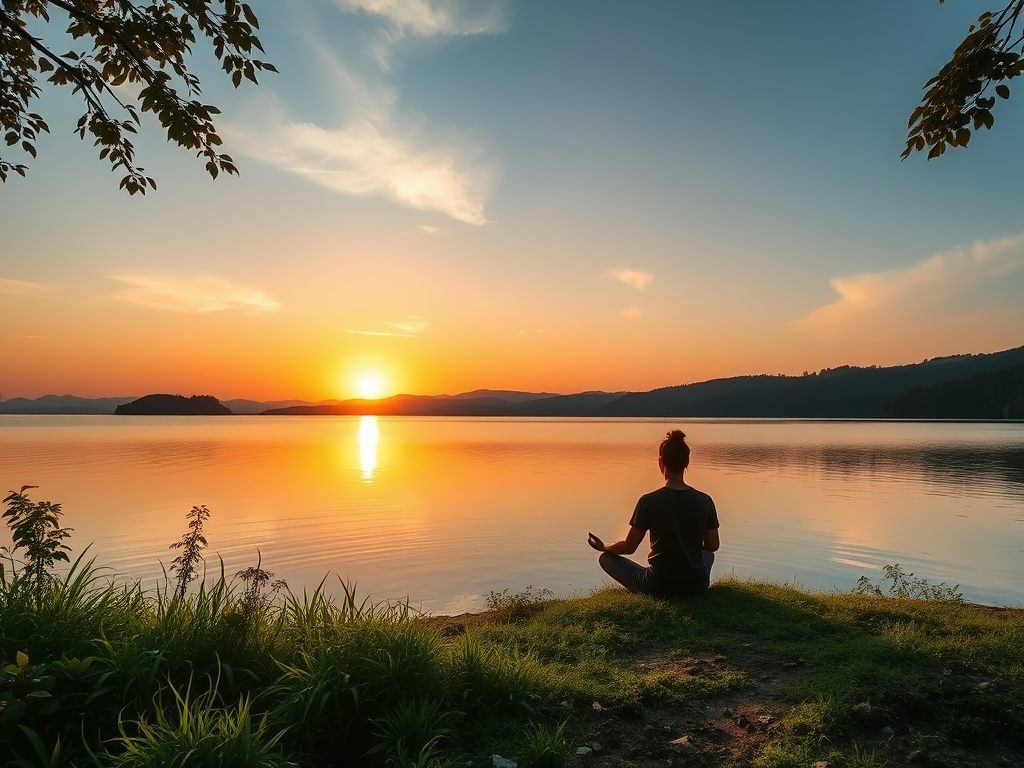 Person meditating by a tranquil lake at sunrise.