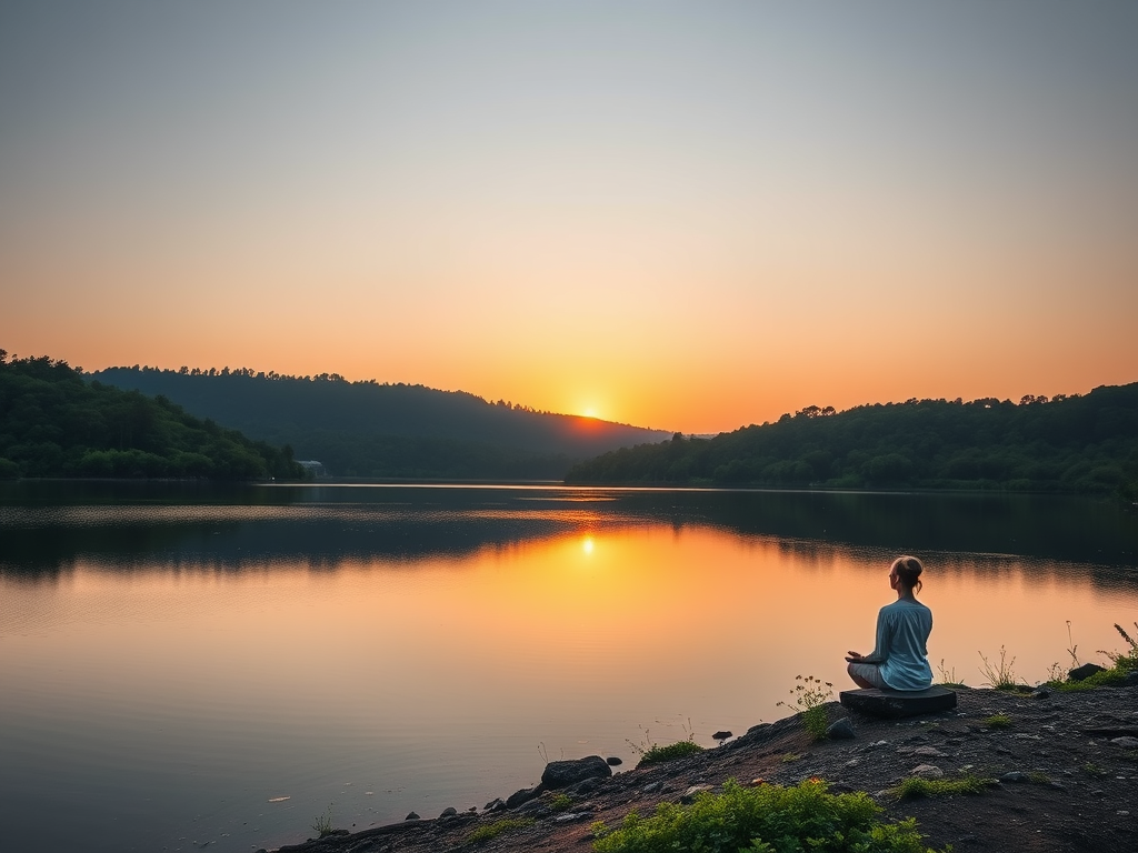 A person meditating by a serene lakeside at sunrise.