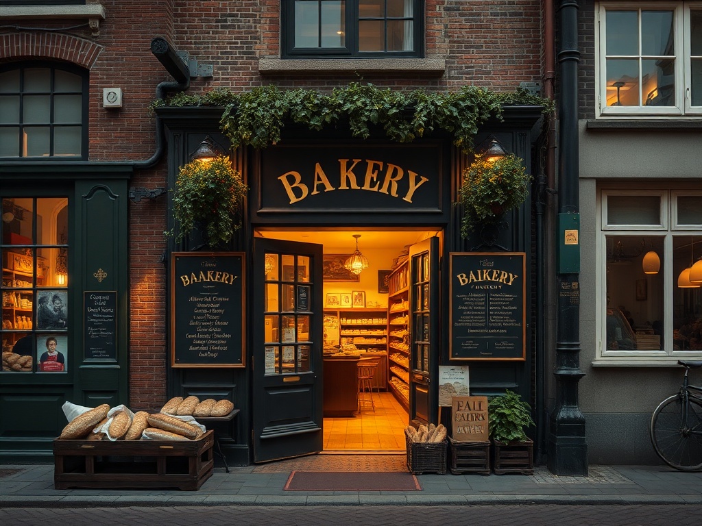 "warm Utrecht street at dusk" "classic bakery doorway" "fresh bread loaves" "soft golden light" "family portraits fading into history" "nostalgic atmosphere" . "You MUST not include ANY brand images or logos. You may ONLY reply with the format given. If y