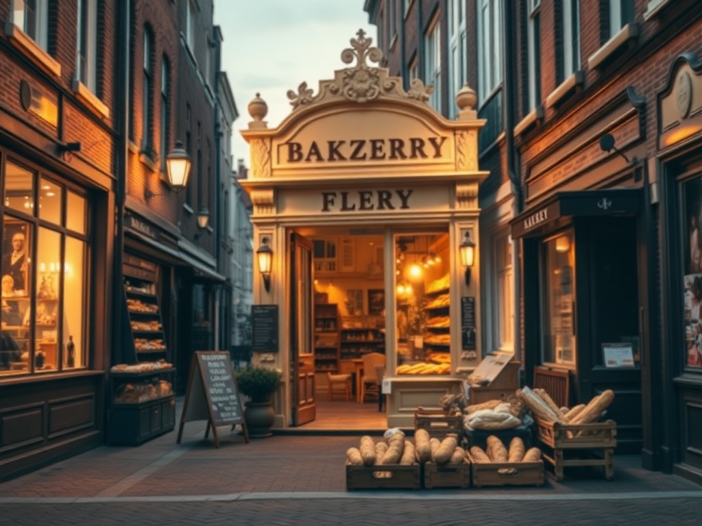 "warm Utrecht street at dusk" "classic bakery doorway" "fresh bread loaves" "soft golden light" "family portraits fading into history" "nostalgic atmosphere" . "You MUST not include ANY brand images or logos. You may ONLY reply with the format given. If y