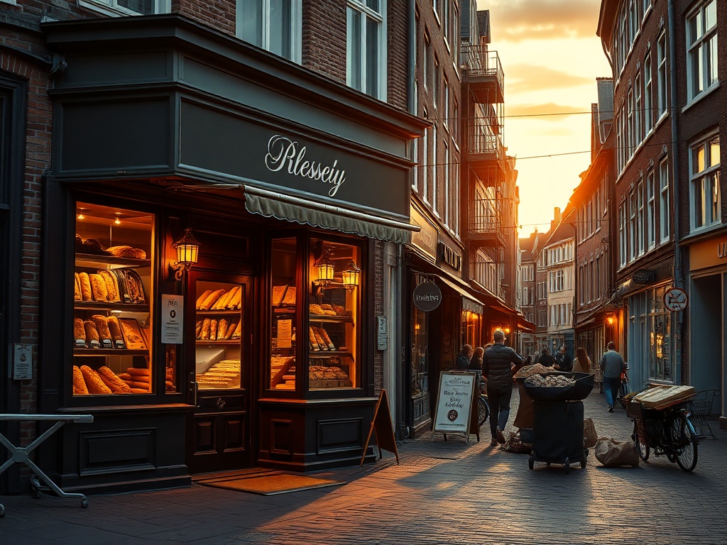 "warm Utrecht street at dusk" "classic bakery doorway" "fresh bread loaves" "soft golden light" "family portraits fading into history" "nostalgic atmosphere" . "You MUST not include ANY brand images or logos. You may ONLY reply with the format given. If y