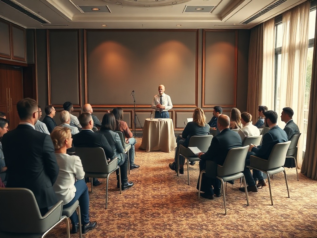 A refined conference room at an upscale Dutch hotel; diverse entrepreneurs in small workshop circles; warm natural light; a subtle network map of connected circles; coach at center, welcoming stage.