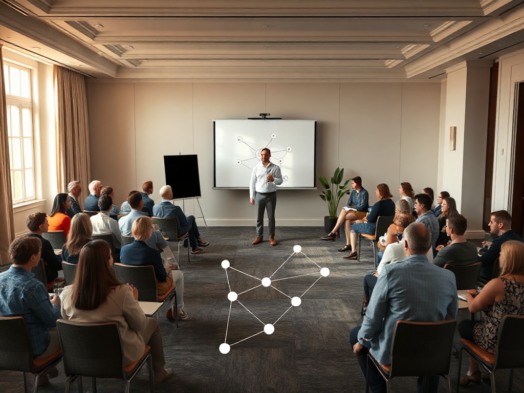 A refined conference room at an upscale Dutch hotel; diverse entrepreneurs in small workshop circles; warm natural light; a subtle network map of connected circles; coach at center, welcoming stage.