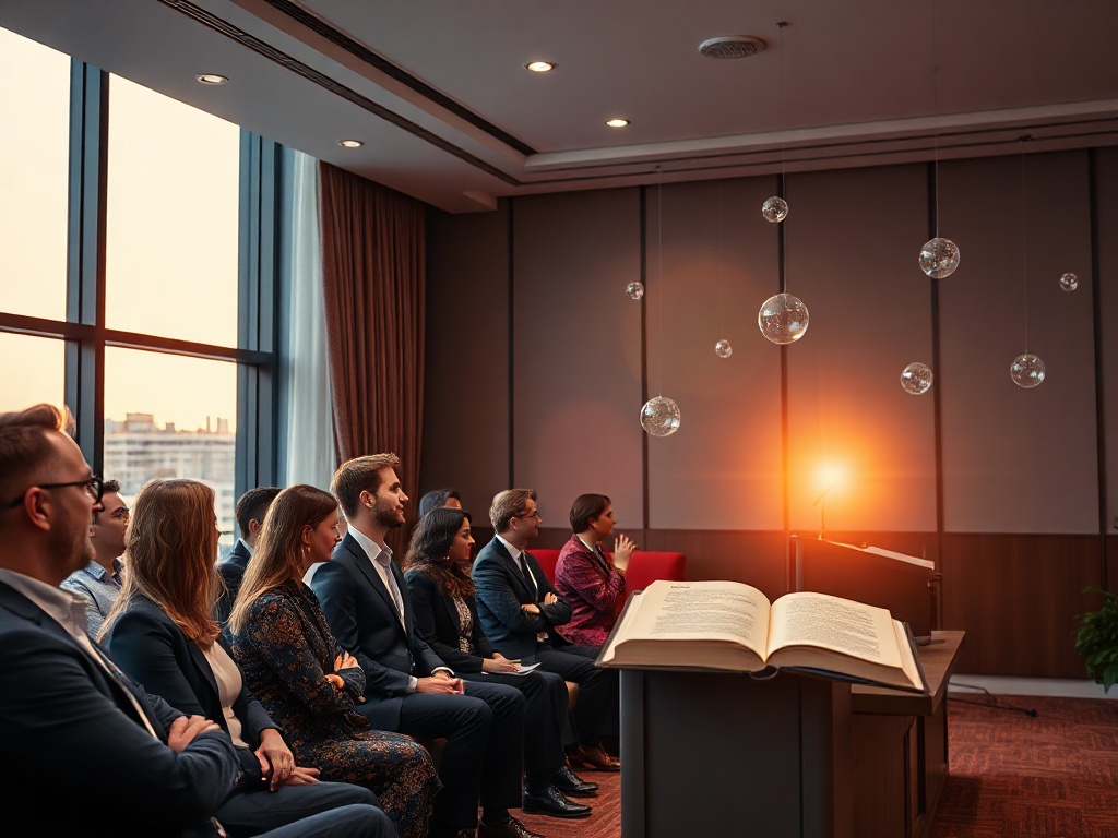 A refined conference lounge at dawn near a large window; diverse professionals in smart attire listening; a keynote podium with a single open book; warm lighting; subtle referral network icons in the air, no text. " "You MUST not include ANY brand images 