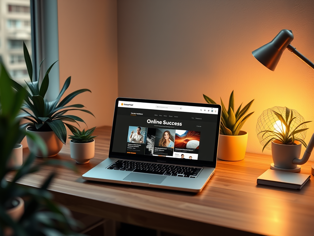 Een rustige werkplek met een laptop en planten.