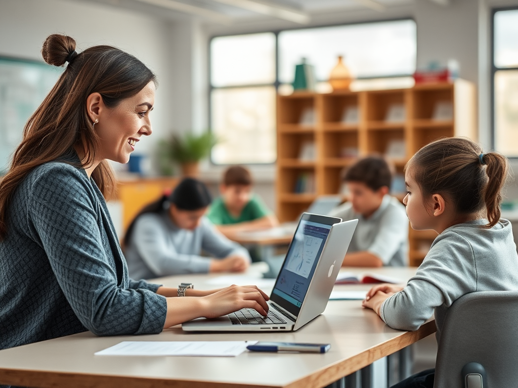 Een rustige klas met een lerares en leerlingen.