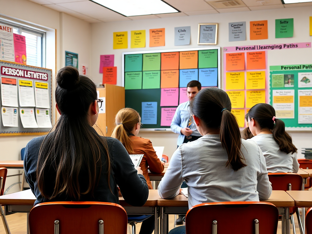 Klaslokaal met studenten en kleurrijke lesmodules.
