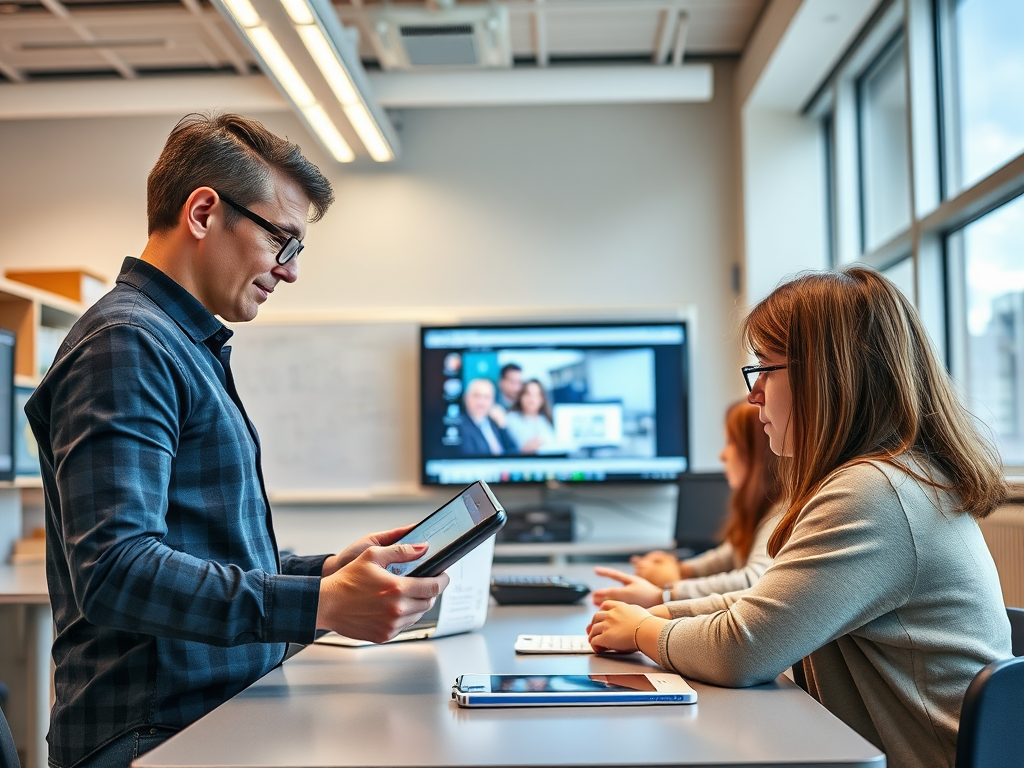 Een leraar in een moderne klas met digitale tools.