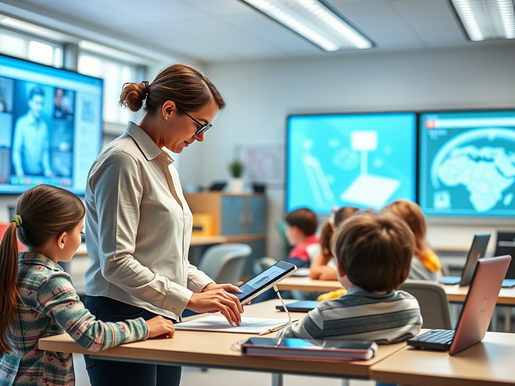 Een lerares in een moderne klas met digitale tools.