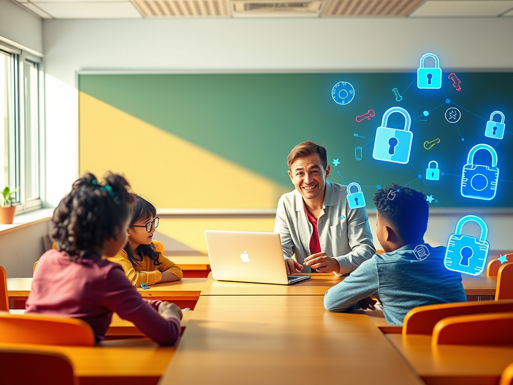 "Bright classroom with diverse students" "teacher smiling with laptop" "mystery puzzle elements floating" "digital locks and keys" "playful AI holograms" "warm inviting colors"
