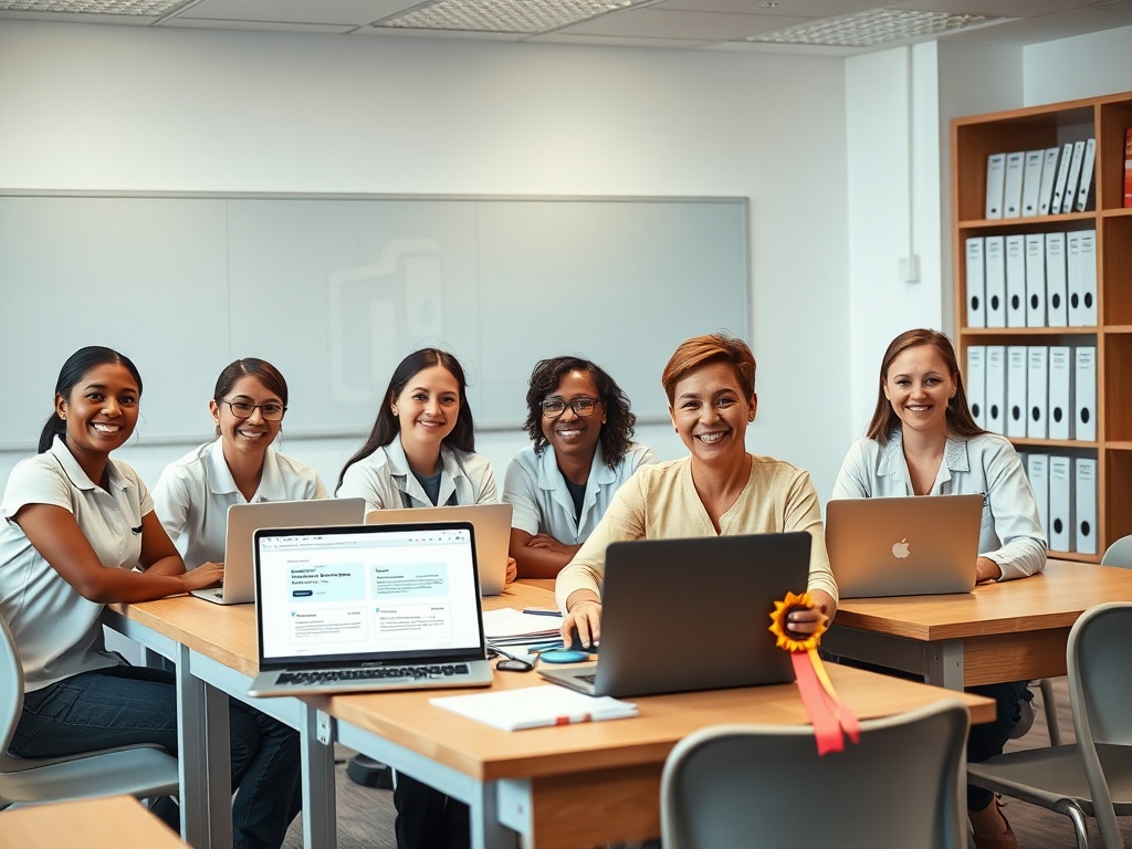 "diverse smiling teachers" "classroom workshop setting" "laptops and lesson templates on tables" "calm evening lighting" "bookshelf with privacy folders" "award ribbon subtly placed"