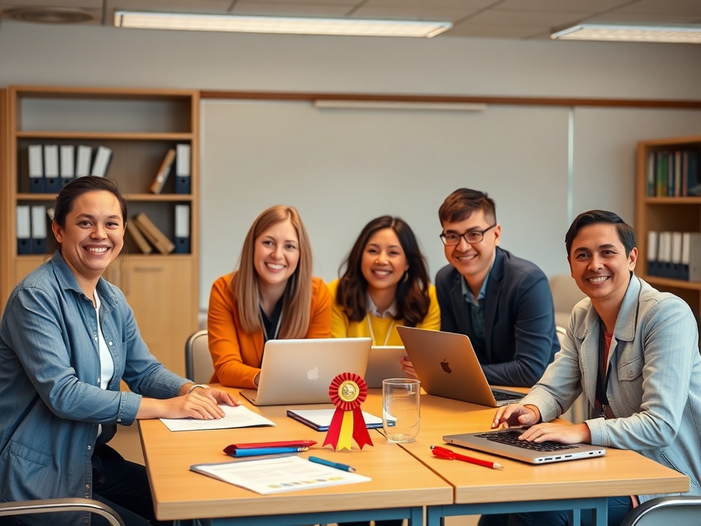 "diverse smiling teachers" "classroom workshop setting" "laptops and lesson templates on tables" "calm evening lighting" "bookshelf with privacy folders" "award ribbon subtly placed"
