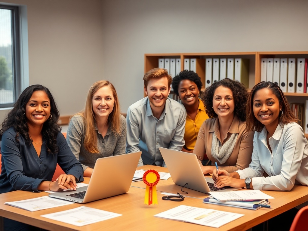"diverse smiling teachers" "classroom workshop setting" "laptops and lesson templates on tables" "calm evening lighting" "bookshelf with privacy folders" "award ribbon subtly placed"