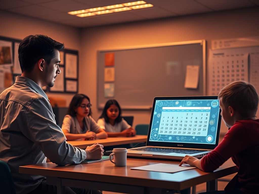 "teacher at desk" "evening classroom lit warmly" "laptop glowing with AI holograms" "diverse students engaged" "calendar showing week" "cozy focused atmosphere"