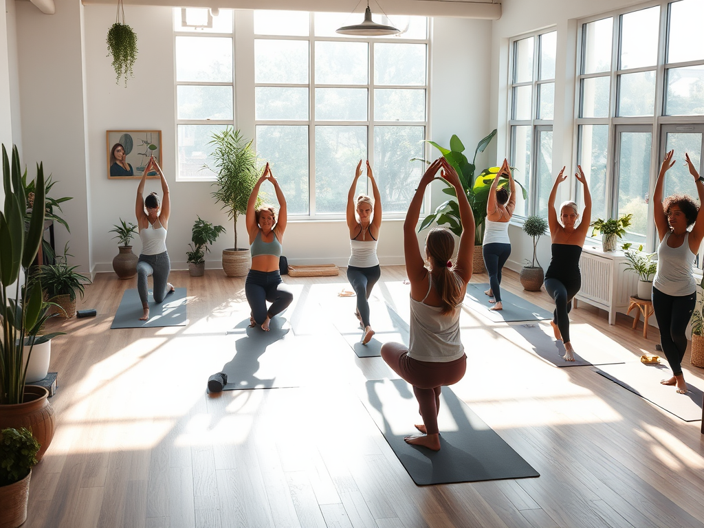 Een rustige yogastudio met mensen die yoga beoefenen.