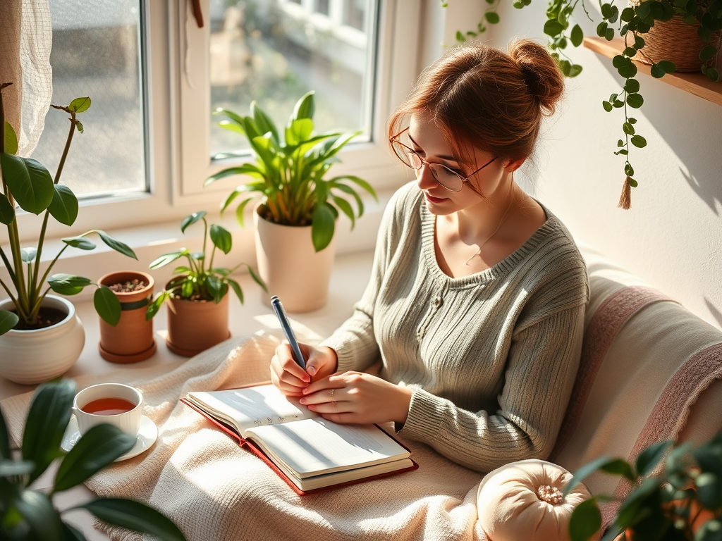 Een vrouw schrijft in een dagboek, omringd door planten.