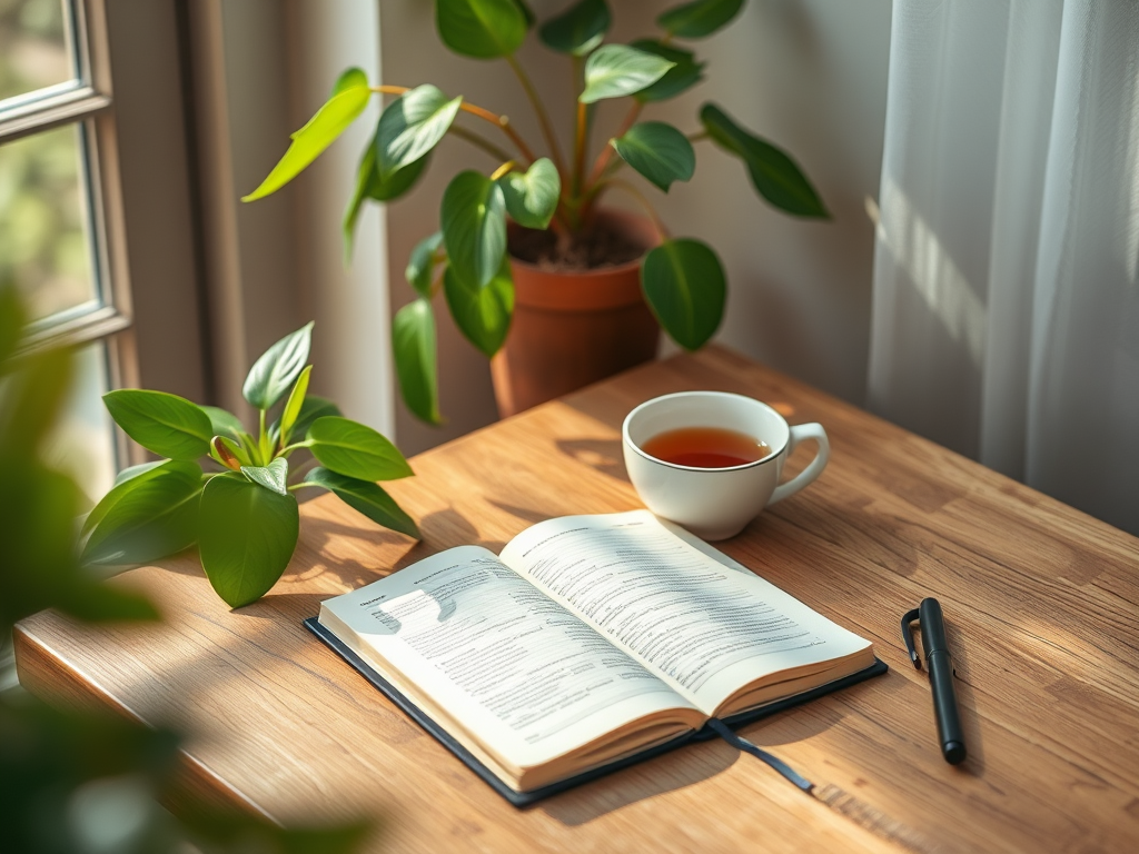 Een open journal op een houten tafel met thee en planten.