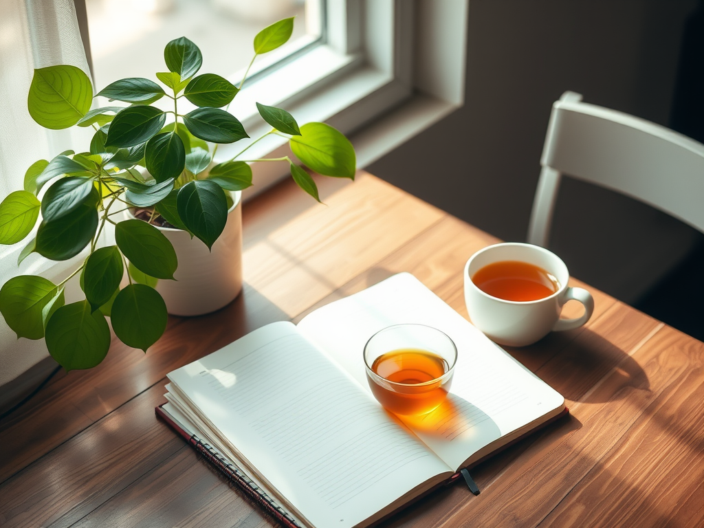 Een open journal op een houten tafel met thee en een plant.