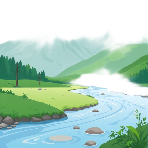Rustig landschap met bergen, groen en een rivier.