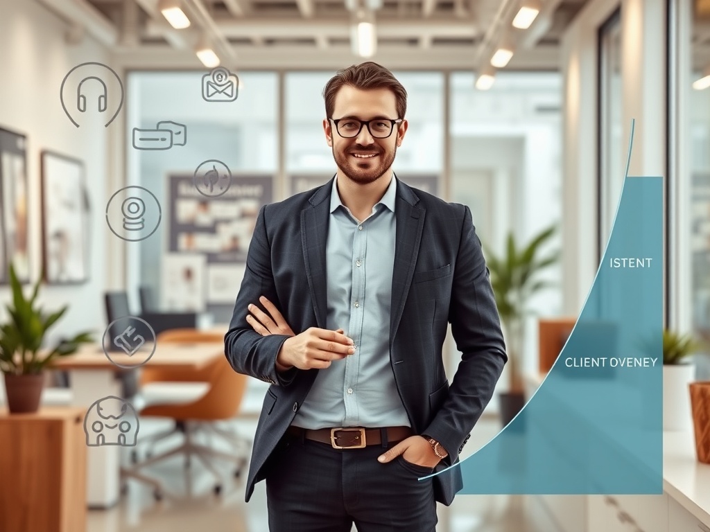 A confident entrepreneur stands in a bright, modern office, surrounded by abstract brand elements, a clear identity sheet, and a rising client journey arc.