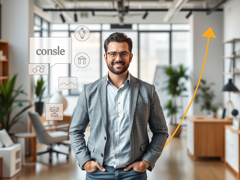 A confident entrepreneur stands in a bright, modern office, surrounded by abstract brand elements, a clear identity sheet, and a rising client journey arc.