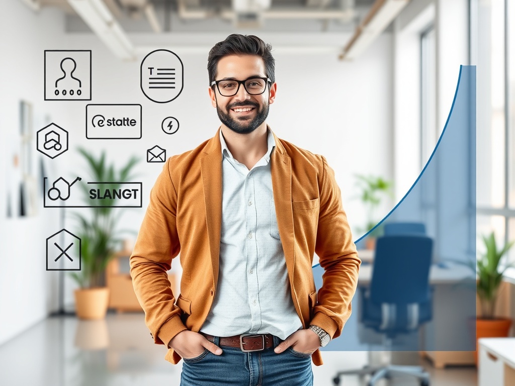 A confident entrepreneur stands in a bright, modern office, surrounded by abstract brand elements, a clear identity sheet, and a rising client journey arc.