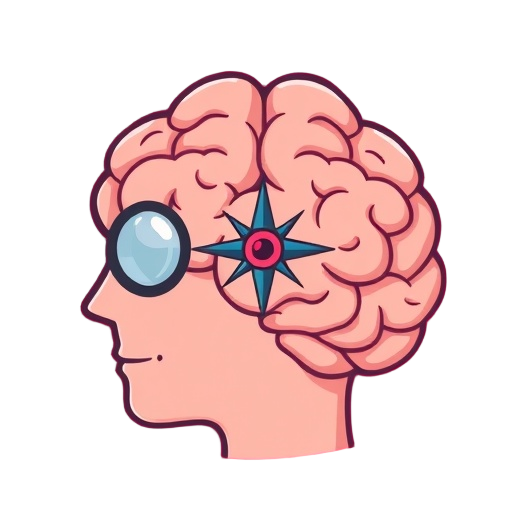 Carefully describe an image in great detail that needs to be generate, use quotes to split visual things. "mind" "magnifier" "compass"