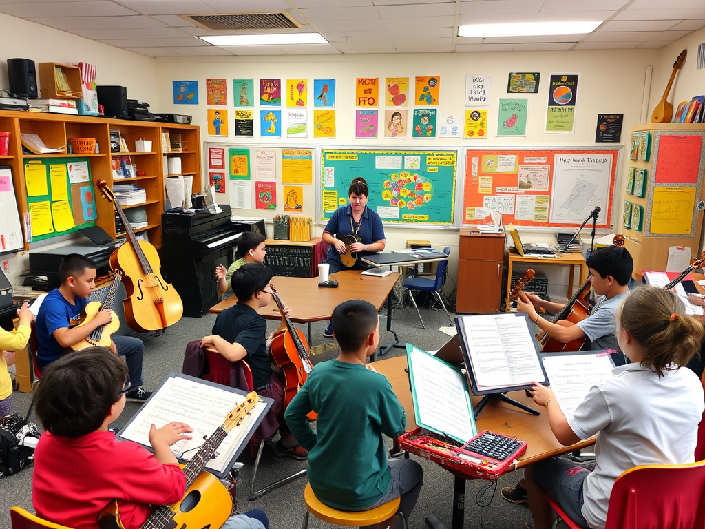Een levendige muziekles met kinderen en diverse instrumenten.