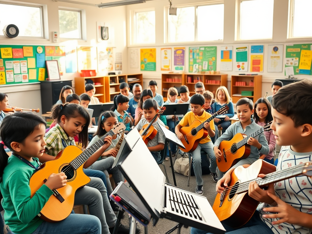 Een levendige klas met diverse kinderen die gitaar spelen.