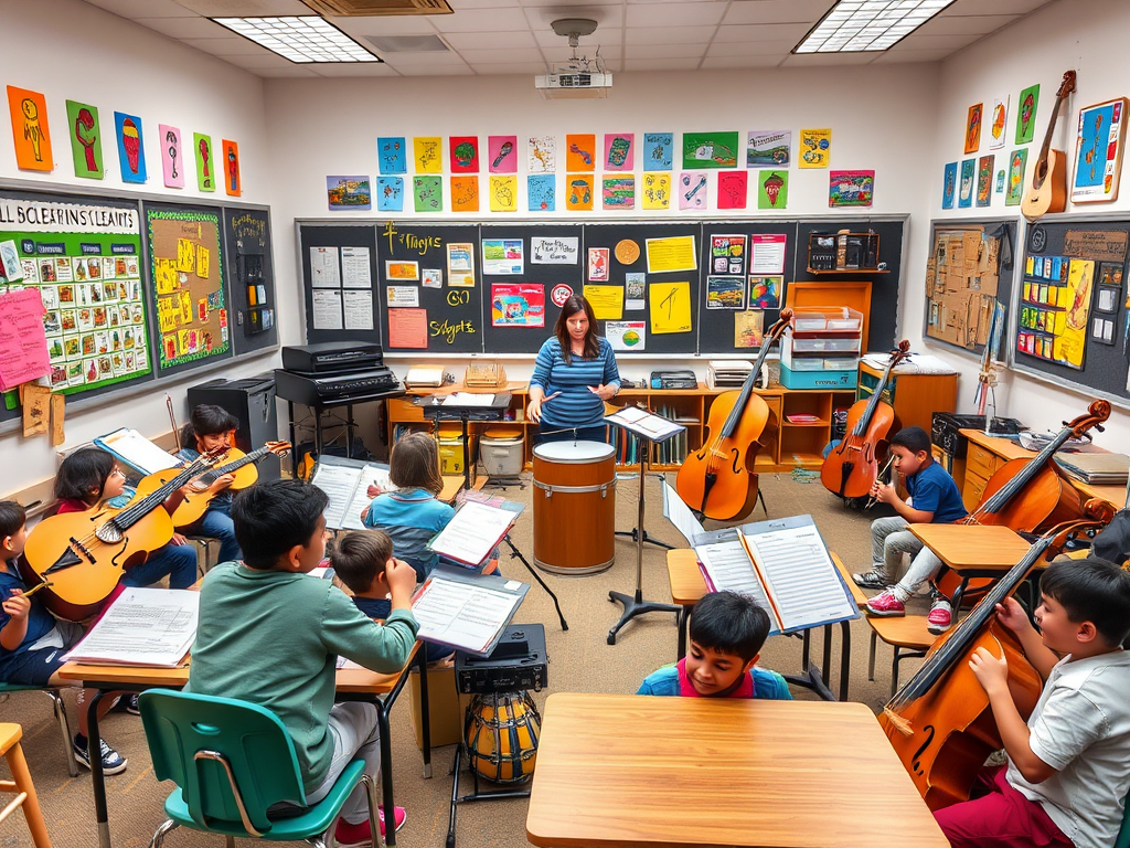 Een levendig muziekklaslokaal met diverse instrumenten en leerlingen.