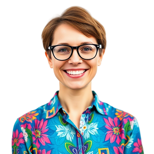 Een lachende persoon met een kleurrijke blouse.