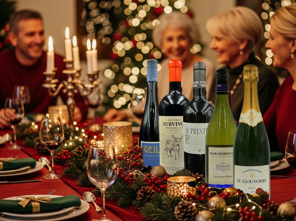 Vijf veelzijdige flessen van aperitief tot dessert, zorgvuldig geselecteerd voor typische feestmenu’s.