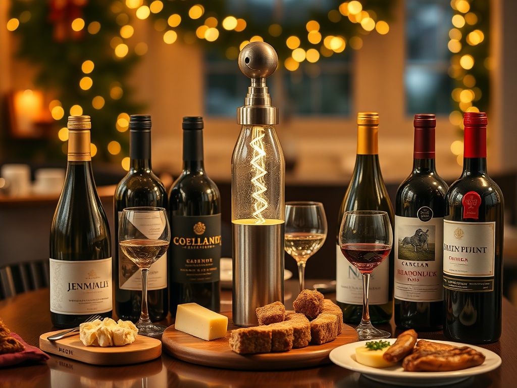 "A festive, cozy dining scene with six diverse wine bottles arranged around a gleaming bottle opener, paired with a cheese board, appetizers, and a dessert plate, warm holiday lighting, no logos."