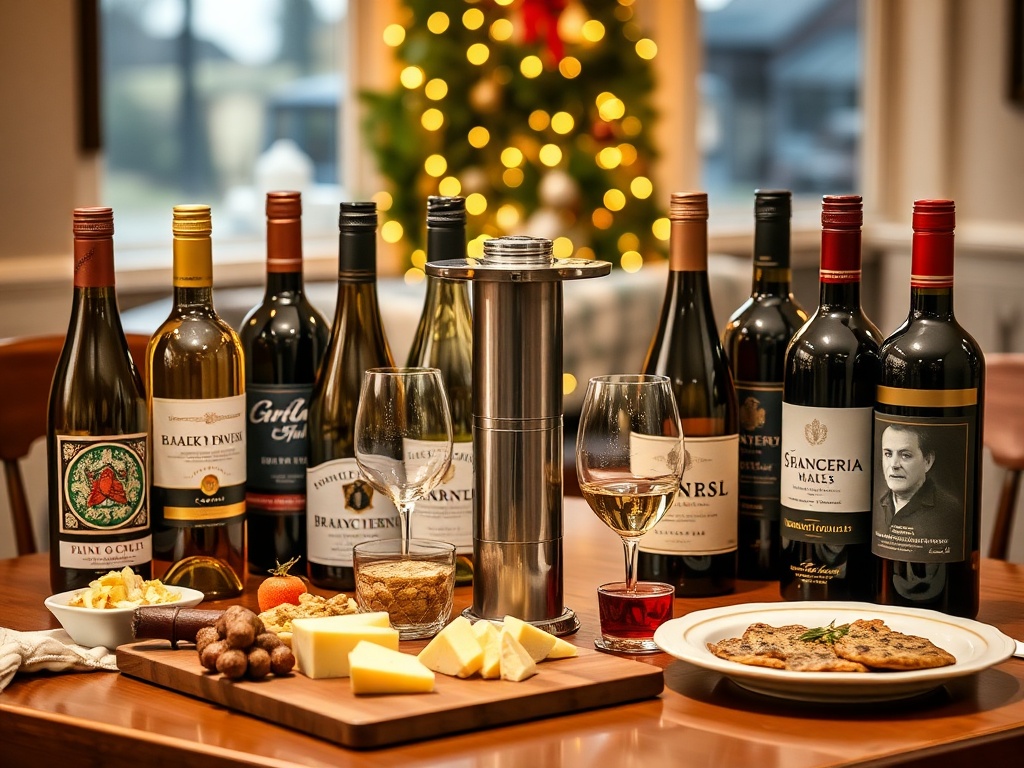 "A festive, cozy dining scene with six diverse wine bottles arranged around a gleaming bottle opener, paired with a cheese board, appetizers, and a dessert plate, warm holiday lighting, no logos."