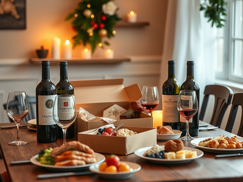 "A festive, cozy dining scene with six elegant wine bottles arranged on a wooden table, open box, glasses, soft candlelight, plates of turkey, cheese, and dessert, warm celebratory mood."