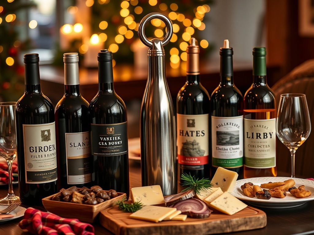 "A festive, cozy dining scene with six diverse wine bottles arranged around a gleaming bottle opener, paired with a cheese board, appetizers, and a dessert plate, warm holiday lighting, no logos."