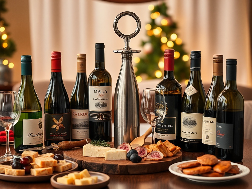 "A festive, cozy dining scene with six diverse wine bottles arranged around a gleaming bottle opener, paired with a cheese board, appetizers, and a dessert plate, warm holiday lighting, no logos."