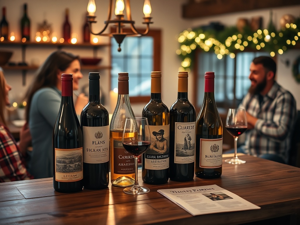 "A cozy kitchen scene during a festive gathering, six wine bottles displayed gracefully on a rustic countertop, soft warm lights, a pairing guide nearby, joyful guests in the background."