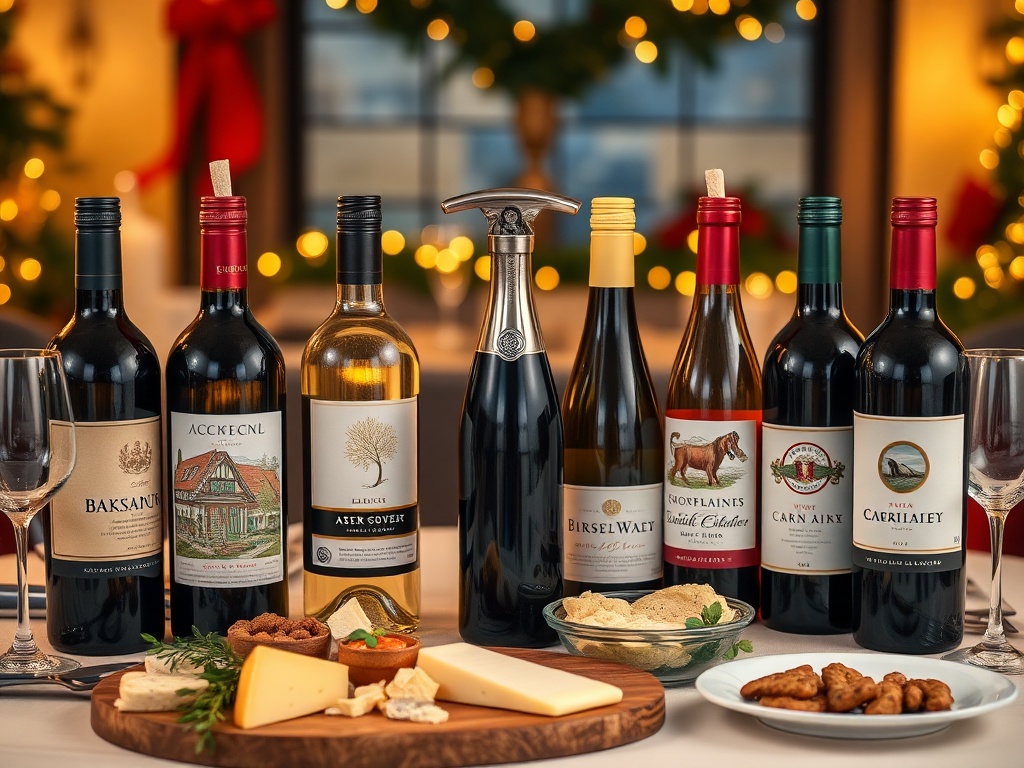 "A festive, cozy dining scene with six diverse wine bottles arranged around a gleaming bottle opener, paired with a cheese board, appetizers, and a dessert plate, warm holiday lighting, no logos."