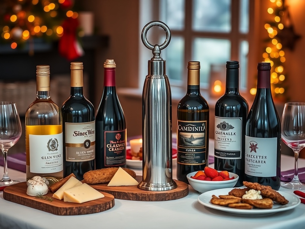 "A festive, cozy dining scene with six diverse wine bottles arranged around a gleaming bottle opener, paired with a cheese board, appetizers, and a dessert plate, warm holiday lighting, no logos."
