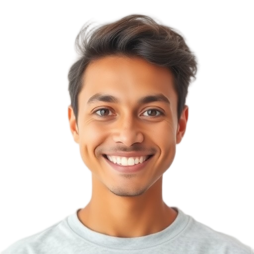 A person smiling to the camera with a white background looking like