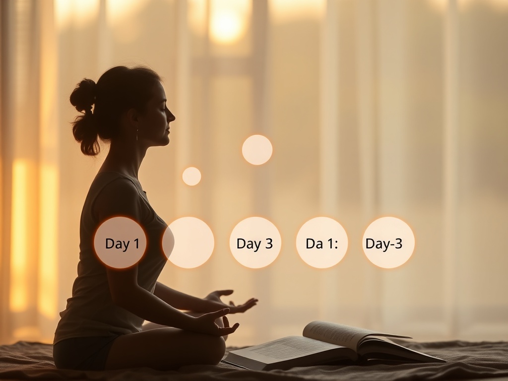 A calm morning scene, soft warm light, five glowing circles ascending “Day 1–3” feelings, woman silhouette meditating, open notebook, subtle calm colors, no logos.
