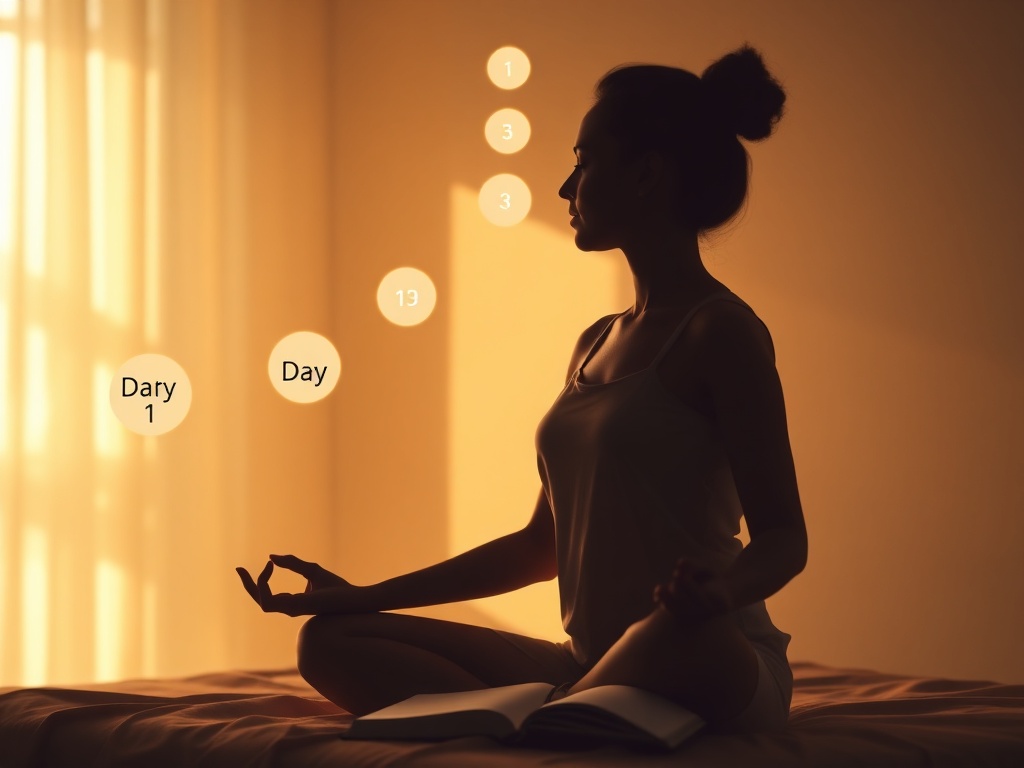 A calm morning scene, soft warm light, five glowing circles ascending “Day 1–3” feelings, woman silhouette meditating, open notebook, subtle calm colors, no logos.
