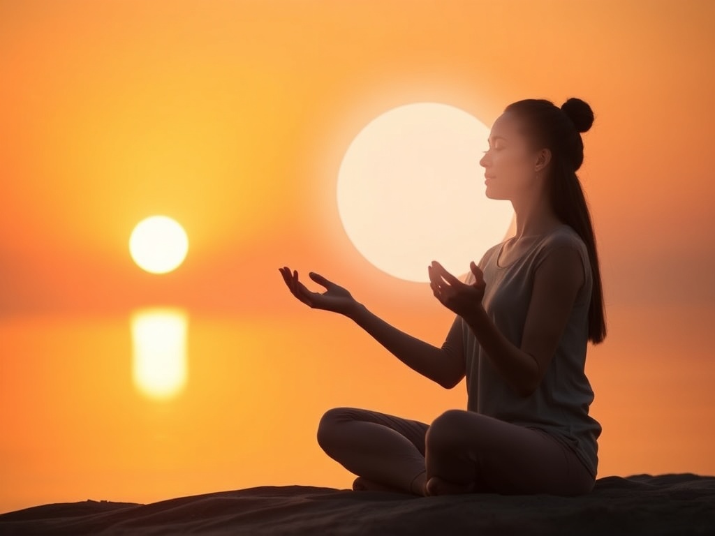 A calm sunrise scene in warm tones, a woman seated in mindful stillness, hands hovering near a glowing reset circle, soft balanced energy around her, airy atmosphere, hopeful."
