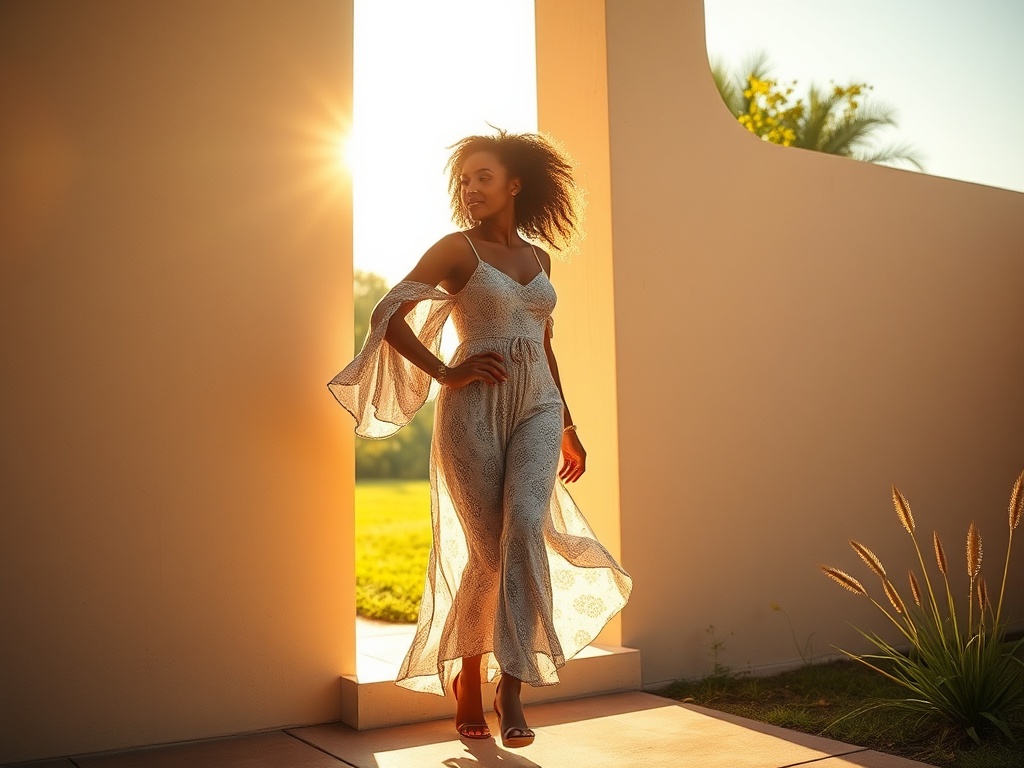 Sunny summer scene with diverse woman stepping from shadow into warm light, confident posture, flowing outfit, soft energy glow, supportive atmosphere, hopeful mood.