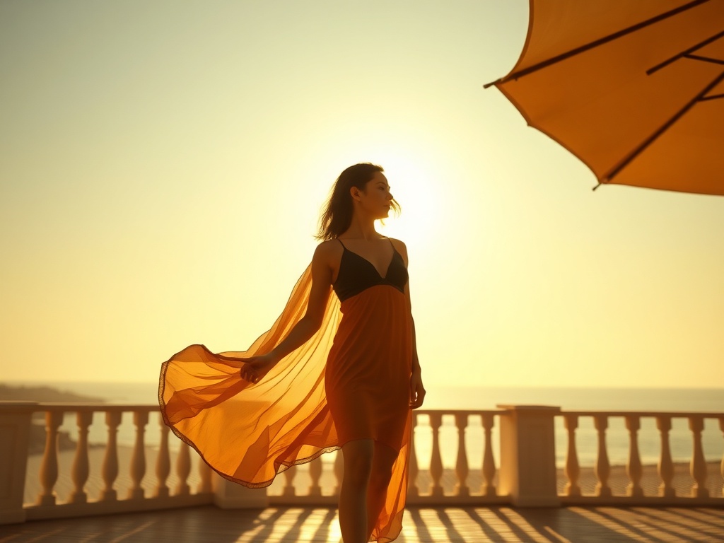 "Golden summer light over a peaceful terrace" "woman silhouette choosing between hiding in shadow and stepping into warm sun" "soft beach breeze, flowing fabric, uplifting mood" "balanced, centered composition".