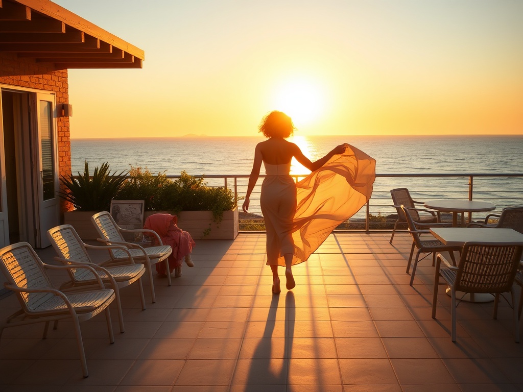 "Sunlit summer terrace at golden hour, inviting empty chairs and soft ocean horizon, warm breeze with flowing fabric, confident feminine silhouette walking outward, balanced composition, calming empowerment mood."