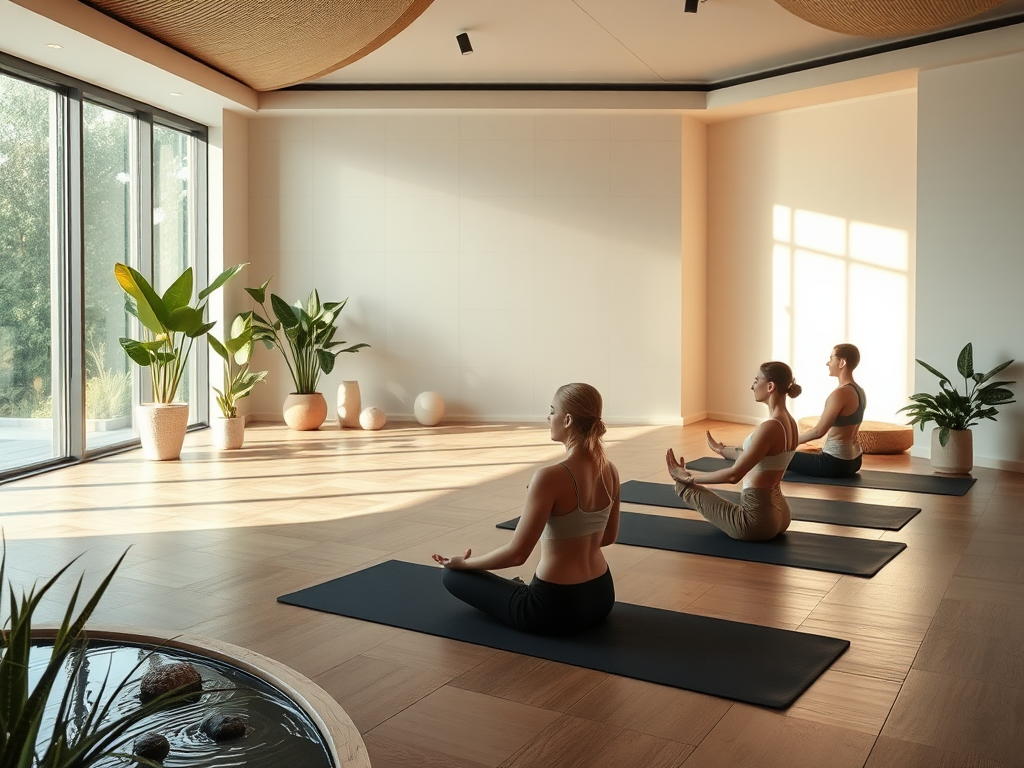 Een rustige yogastudio met vrouwen in ontspanning.
