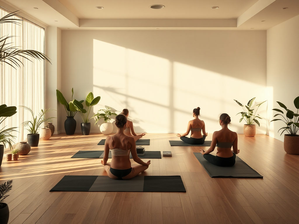 Een serene yogastudio met vrouwen in diepe ontspanning.