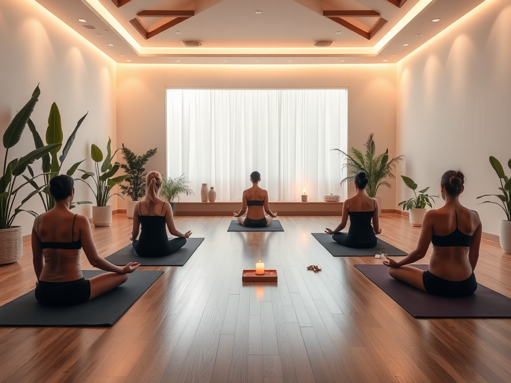 Een serene yogastudio met vrouwen in diepe ontspanning.